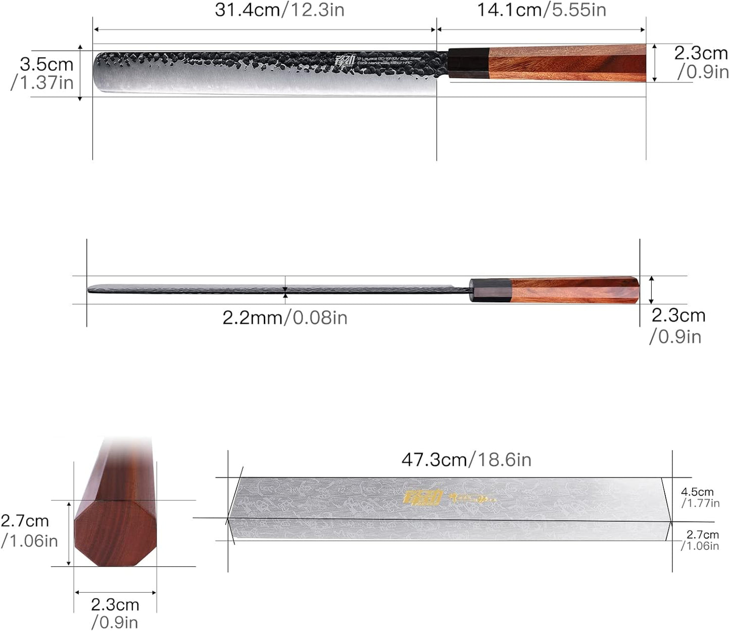 FINDKING Brisket Slicing Knife 12 Inch, Sharp Carving Knife for Meat, BBQ, High Carbon Steel Blade, African Rosewood Octagonal Handle (Dynasty Series)