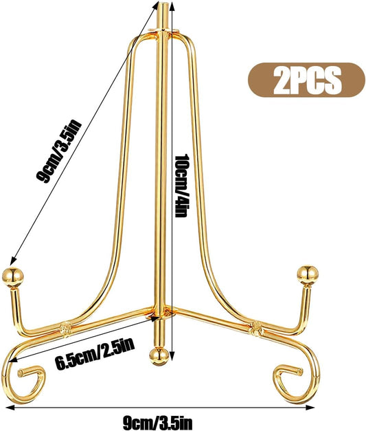 2PCS Plate Holder Easel Display Stand 4 Inch Gold Iron Tabletop Picture Stand for Display Photo Frames Decorative Plates Card for Home and Office Decor