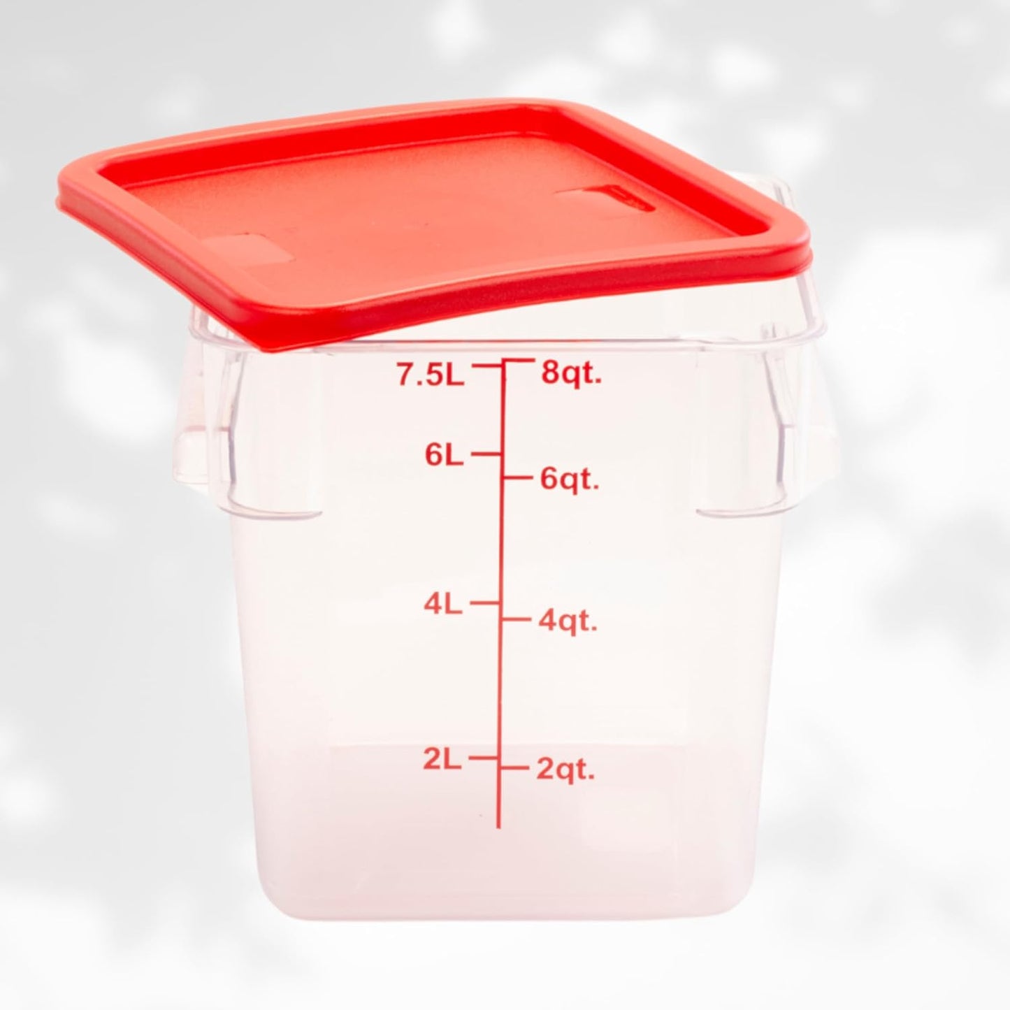 FSE Square Food Storage Container with Red Lid, 8 Quart, Polycarbonate, Reusable, Clear, NSF