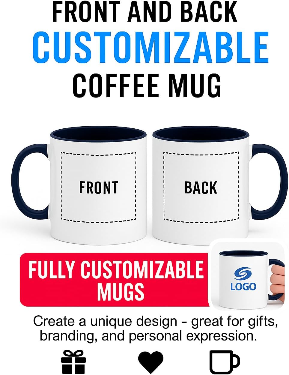Personalized Coffee Mug | Custom Photo, Text, or Logo Cup (11oz, Navy Blue Rim, Inner, and Handle) |Dishwasher & Microwave Safe |Unique Gift for Men & Women –Taza Personalizada