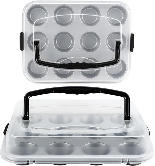 2-Pack Cupcake Pan with Lid, 12-Cup Nonstick Muffin Pan with Handle – Cupcake Carrier for Baking & Transporting, Perfect for Party, Holiday, Gathering