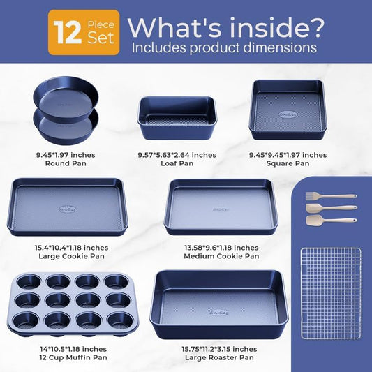 12-Piece Oven Safe Nonstick Bakeware Set with Baking Pan, Cake Pan, Muffin Pan, Loaf Pan, Square Pan, Roasting Pan, Cookie Pan, Cooling Rack & Utensils - Ceramic Coated Blue