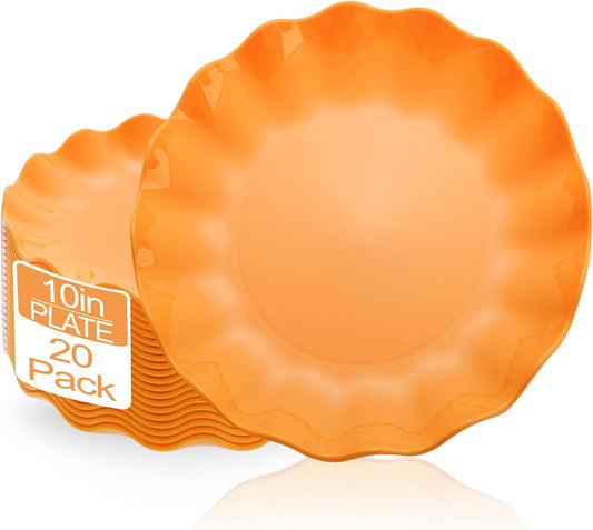 LIYH 20 Pcs 10 Inch Orange Plastic Scalloped Plates Reusable - Unbreakable Dinner Plates-Dishwasher Safe, Perfect for Halloween & Thanksgiving Party BPA Free