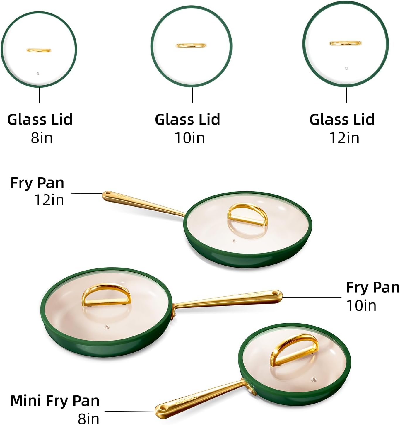 ROYDX Titanium Ceramic Nonstick Fry Pan Set 8", 10" and 12" Frying Pan Skillet Set with Glass Lids-Non Toxic, PTFE & PFOA Free - Oven Dishwasher Safe & Compatible with All Stovetops-Pine Green