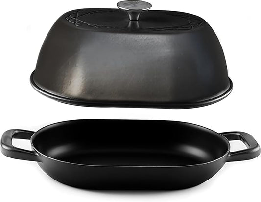 Enameled Cast Iron Dutch Oven for Professional Sourdough Bread Baking | 5.5 Quart Loaf Size Oval Cookware Pot with Lid | Triple-Layer Enamel Coating Pan with Non Stick Silicone Mat | Black