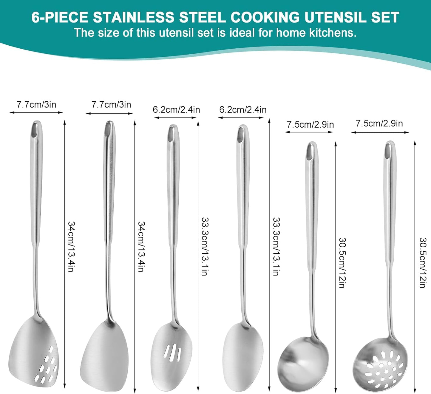 6Pcs Stainless Steel Kitchen Utensils Set – Cooking Utensils Set Stainless Steel, Metal Cooking Utensils with Wok Spatula, Serving Spoons,Ladle Set– Durable Cooking Supplies for Home and Camping
