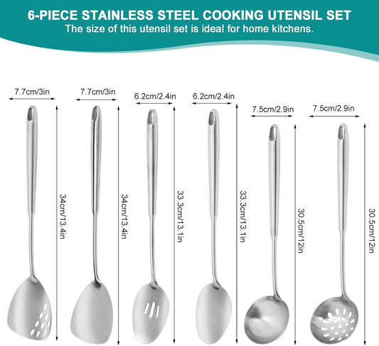 6Pcs Stainless Steel Kitchen Utensils Set – Cooking Utensils Set Stainless Steel, Metal Cooking Utensils with Wok Spatula, Serving Spoons,Ladle Set– Durable Cooking Supplies for Home and Camping