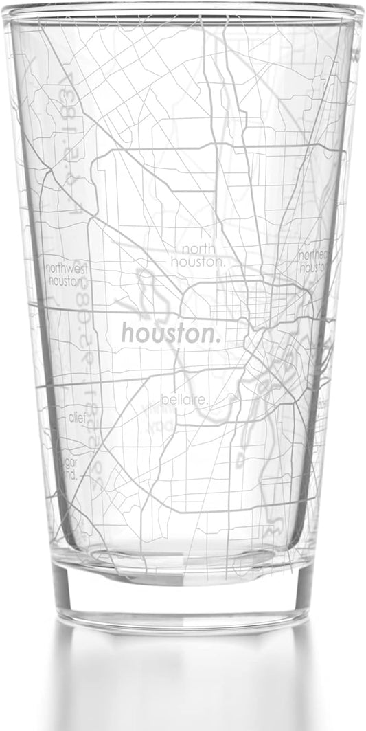 Well Told Engraved Houston Texas Map Pint Glass, Etched Beer Gift (16 oz, Clear) City Map Pint, Custom City Glassware, Gifts For Beer Lovers