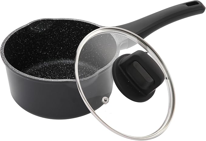 7 Inch Non Stick Sauce Pan with Glass Lid & Pour Spout - Lightweight 1.8 Quart Ceramic Coated Saucepan - Multipurpose Induction Compatible PFOA Free Small Cooking Pot with Stay Cool Handle (Black)