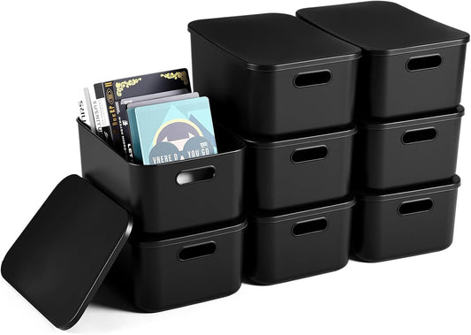 Hoolerry 8 Pieces Colorful Storage Bins with Lid, Plastic Storage Basket Organizing Container Stackable Box with Handle for Shelves Desktop Playroom Office(13.8 x 9.8 x 5.9 Inch,Black)