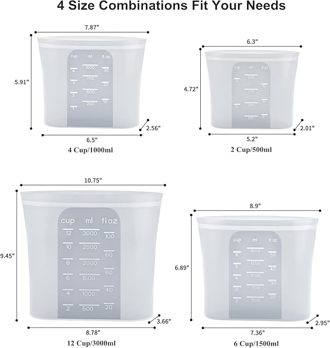 Bangp Premium Silicone Reusable Food Storage Bags,4 Pack(100oz, 50oz, 30oz,15oz),New Generation Stand Up Zip Freezer Bags,Sandwich Snack Bags,Healthy Food Storage Containers,Leak-free,Dishwasher Safe