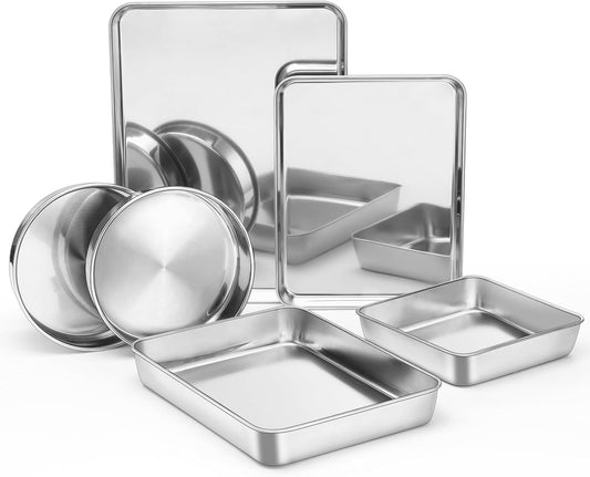 E-far Stainless Steel Baking Pan Set, 6-Piece Metal Bakeware Sets Include Cookie Sheet, Round Square Rectangle Cake Pans, Non-toxic & Dishwasher Safe