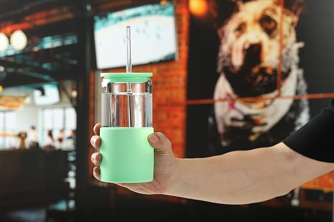 Sunseeke Glass Tumbler with Straw and Lid, 16oz Ice Coffee Cup, Silicone Sleeve Cleaning Brushes, Drinking Glasses for Water, Iced Coffee, Smoothie -BPA Free -3Pack