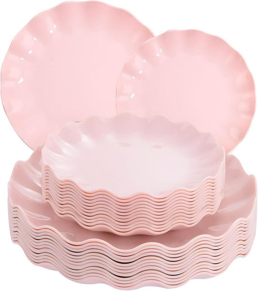 LIYH 24 Pcs Pink Plates Reusable, Pink Plastic Scalloped Plate Durable and Dishwasher Safe,Baby Shower Plate, Light Weight Daisy Plastic Wavy Plates for Wedding Party Birthday