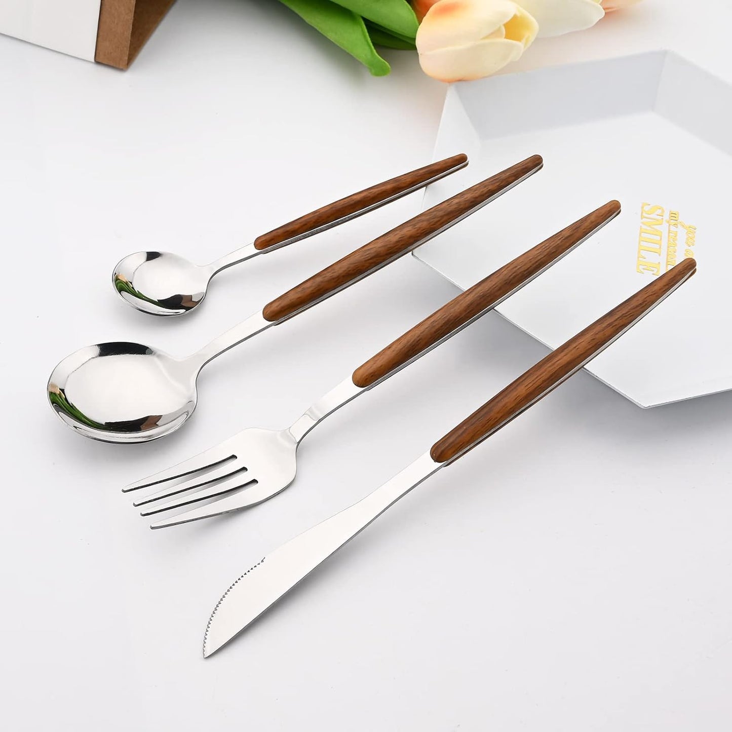 20 Piece (4 Set) Wood Handle Silverware Set, Retro 18/0 Stainless Steel Cutlery Set, Kitchen Utensils Include Knife Fork Spoon, Mirror Polish, Silver