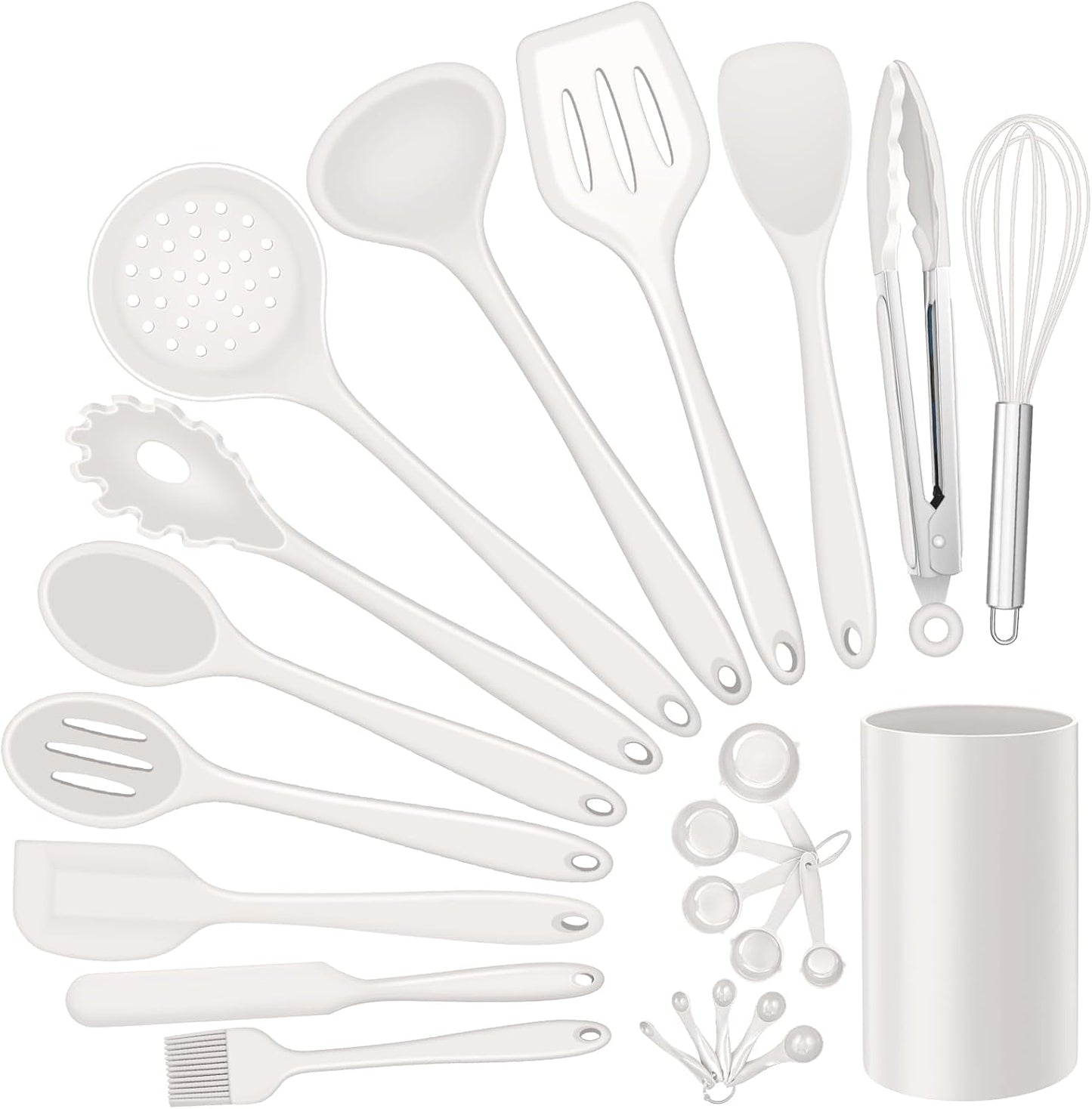 Silicone Kitchen Utensils Set, E-far 23 Pcs White Cooking Utensils Tools with Holder for Nonstick Cookware, Include Spatula/Spoon/Ladle/Tongs/Turner, Heat Resistant & Nontoxic, Dishwasher Safe