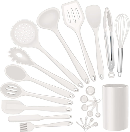 Silicone Kitchen Utensils Set, E-far 23 Pcs White Cooking Utensils Tools with Holder for Nonstick Cookware, Include Spatula/Spoon/Ladle/Tongs/Turner, Heat Resistant & Nontoxic, Dishwasher Safe