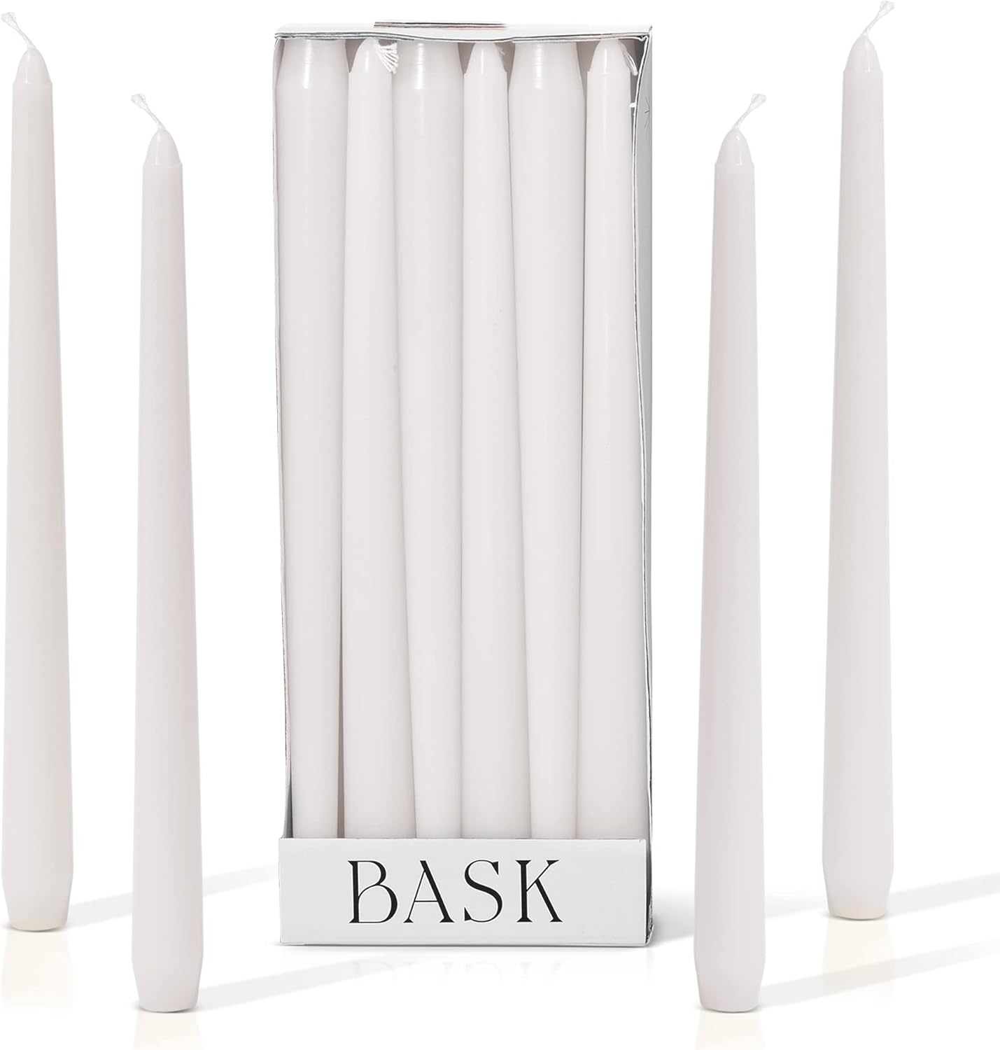 Bask 10-inch Taper Candles - Unscented and Dripless - Burns for 8 Hours - Home Decor for Dinner Table, Kitchen, and Bedroom - Perfect for a Romantic Date or Anniversary - 12-Pack - Ivory