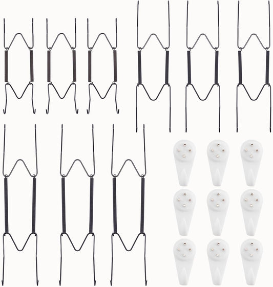9 Pack 6/8/10 Inch Decorative Plate Medium Plate Hangers for The Wall, Invisible Stainless Steel Wall Hangers for Display with Hooks, for Platter/Dish/Picture(Black)