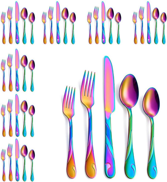 Rainbow Silverware Set for 8, 40-Piece Stainless Steel Flatware Set, Shiny Rainbow Metal Cutlery Set, Include Fork, Knife and Spoon Set, Dishwasher Safe