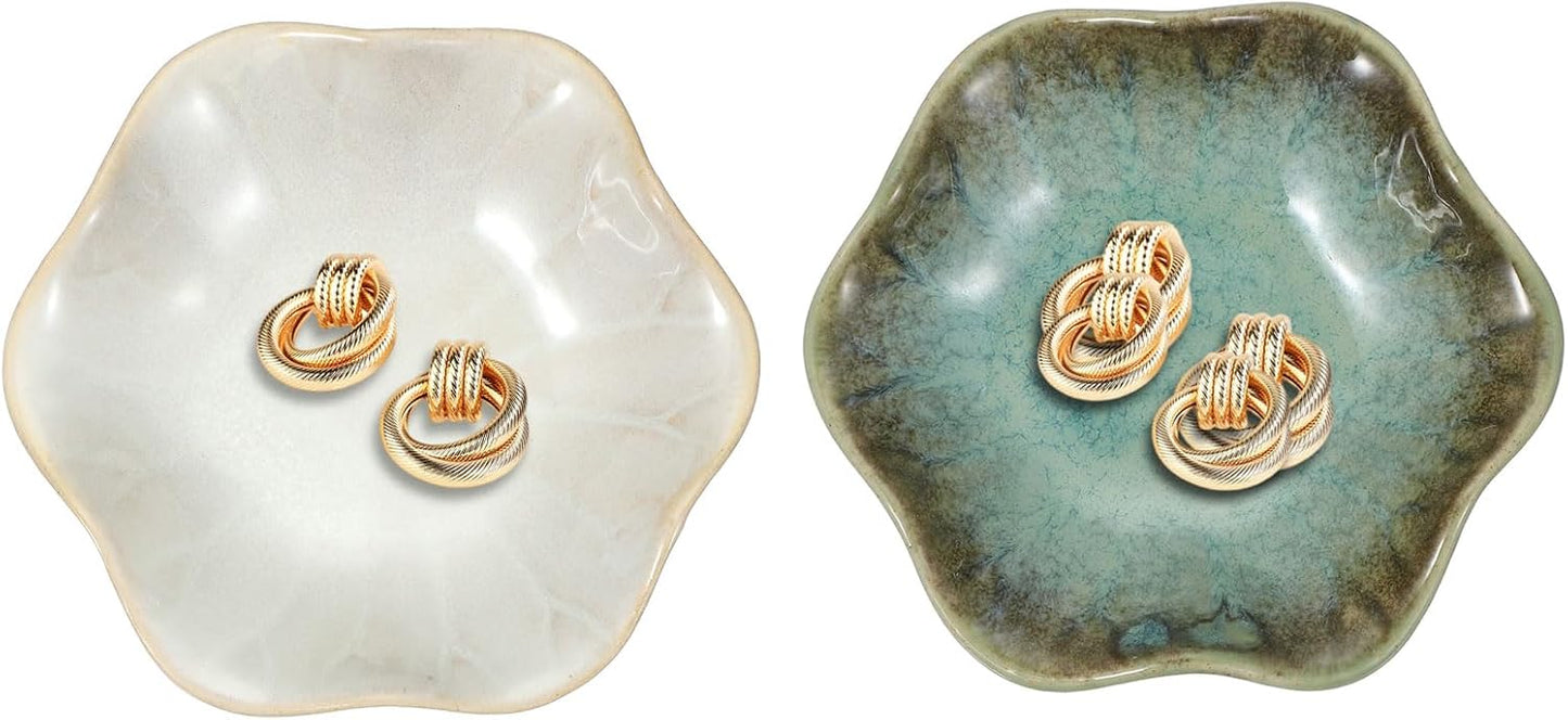 uxcell 2Pcs Ceramics Jewelry Plate, Lotus Leaf Shape Key Holder Bowl for Entryway Table Decor Small Ring Tray Dish Gift for Women Girlfriend, Grass Green/White