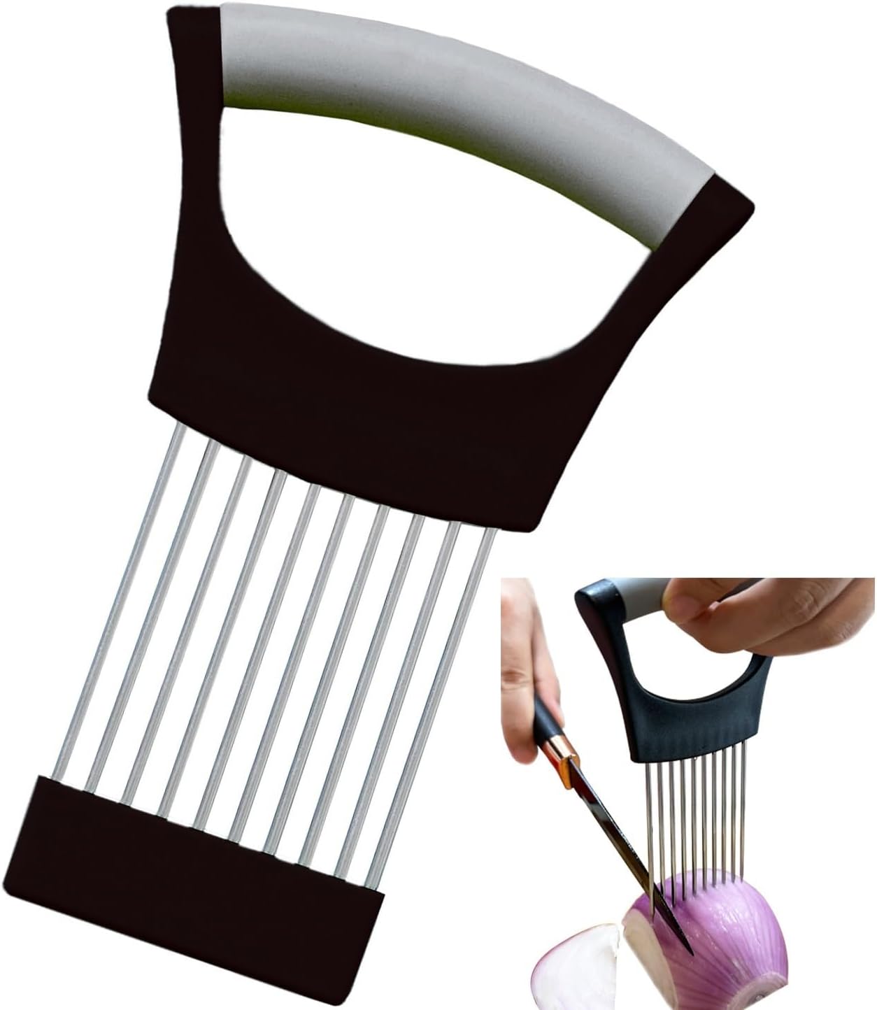 Onion Holder for Slicing Onion Slice Holder Kitchen Chopper Assistant Tool,Vegetable Cutter with Protective Cover for Tomato,Lemon,Potato,Egg,Food Slice Assistant,Home Kitchen Tool (Black & Gray)