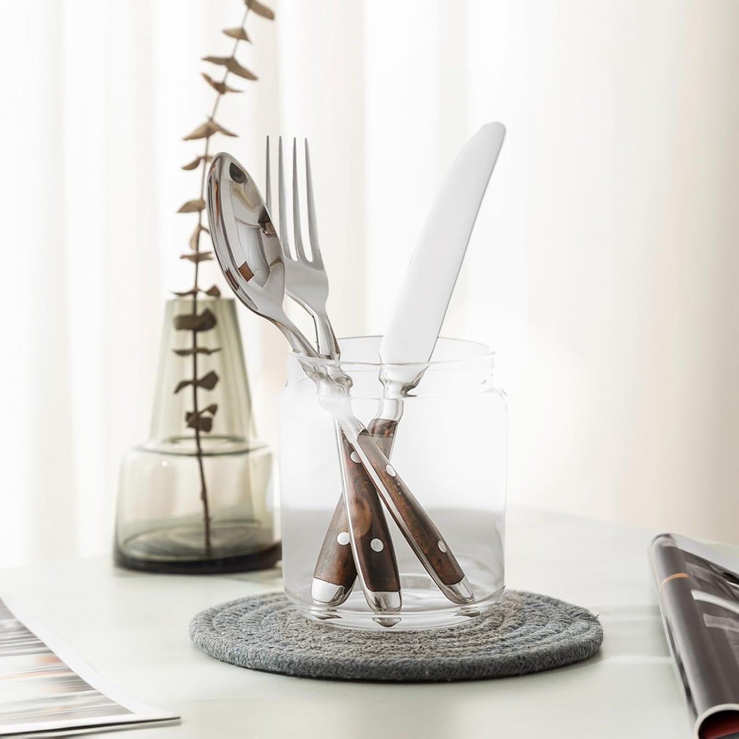 20-Piece Silverware Set Service for 4 with Two Rivets, Vintage Flatware Set, Stainless Steel Cutlery Set with Wood Grain Bakelite Handle,Dishwasher Safe, Light Brown Color