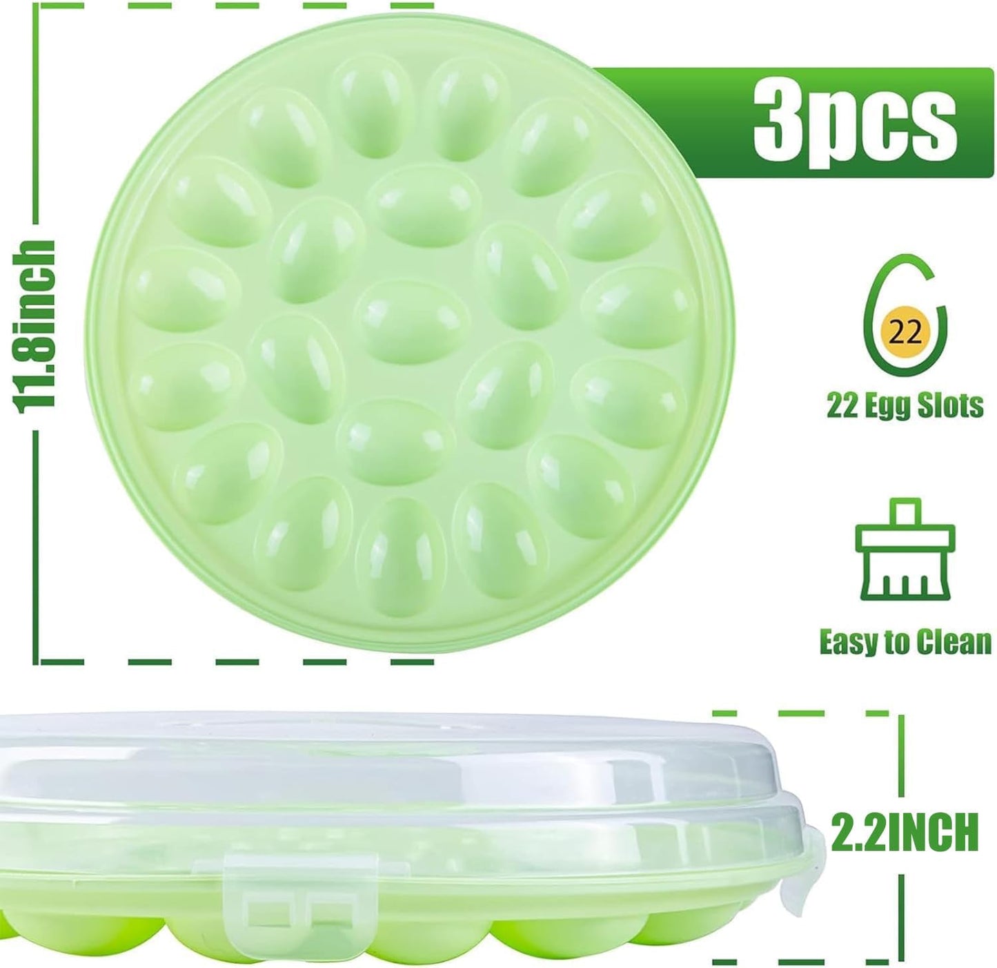 HANSGO Deviled Egg Containers with Lid, 3PCS Deviled Egg Platter Carrier Holder Trays with 66 Slots for Party and Home Kitchen, Green