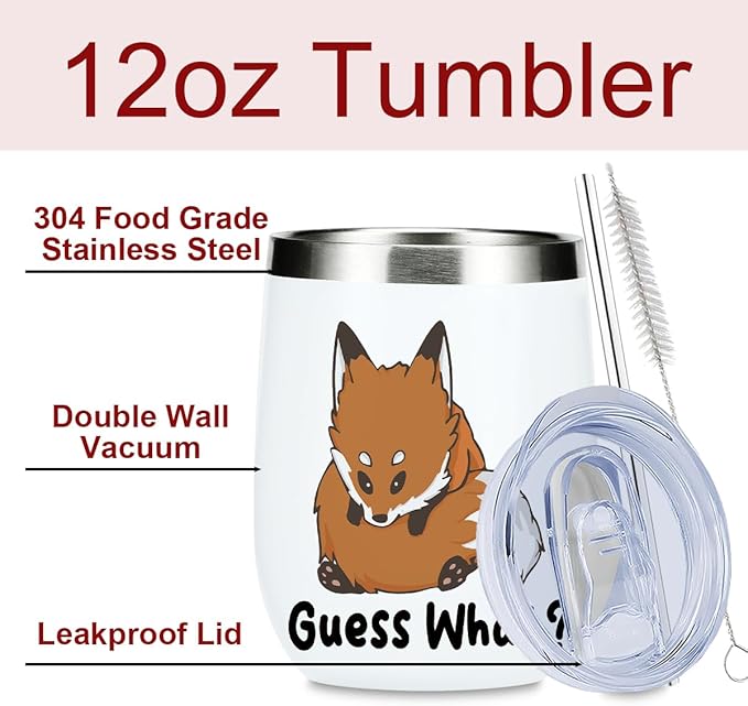 Cute Funny 12 oz Tumbler, Wine Tumbler Insulated Wine Glass with Lid, Fox Gifts for Girls Boys Women Men Mom Animal Lovers Fox Supplies Accessories Friendship Appreciation Christmas Birthday