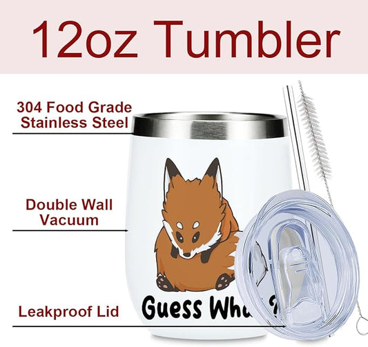 Cute Funny 12 oz Tumbler, Wine Tumbler Insulated Wine Glass with Lid, Fox Gifts for Girls Boys Women Men Mom Animal Lovers Fox Supplies Accessories Friendship Appreciation Christmas Birthday