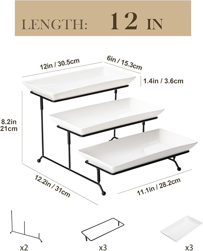 MALACASA 3 Tier Serving Trays for Party, Porcelain Serving Platters and Trays, 12 Inch Tiered Tray Stand, Fruit Tray, Trays for Serving Food, White Dessert Stand with Collapsible Sturdier Metal Rack