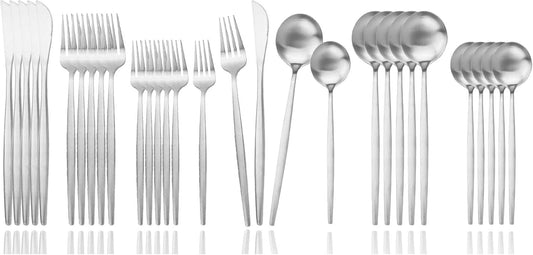JASHII Flatware Silverware Set Stainless Steel Satin Finish Cutlery Set Service for 6, 30-Piece Spoons And Forks Kitchen Utensil Set, Dishwasher Safe (Matte Silver)