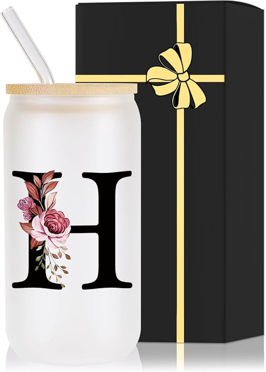 Monogrammed Glass Drinking Cup With Lid Straw Brides Gifts for Her Wedding Day Bridal Shower Bachelorette Party Engaged Engagement Cute Personalized Unique Cool Special Customized Best Present,H