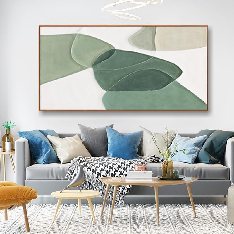 Modern Wall Art Large Geometric Green And White Geometric Color Block Line Art Painting Artwork Canvas Simple Picture Textured Artwork Framed For Living Room Bedroom Office Home Decor 29"X 58"