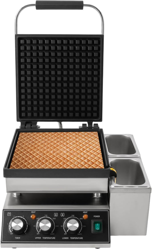 2200W Commercial Waffle Maker, Electric Square Waffle Maker Non-Stick Stainless Steel Belgian Waffle Iron w/Time & Temper Adjustable|Oil Spill Chute, Large Waffle Machine for Restaurant Party Food