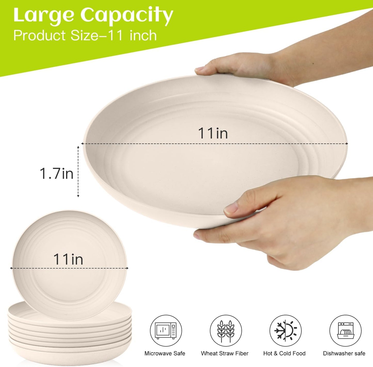 Homienly Plastic Dinner Plates, Wheat Straw Plates 11 Inch, Lightweight Unbreakable Plates Set of 8, Microwave Safe Plates, Deep Plates for Dinner - Beige