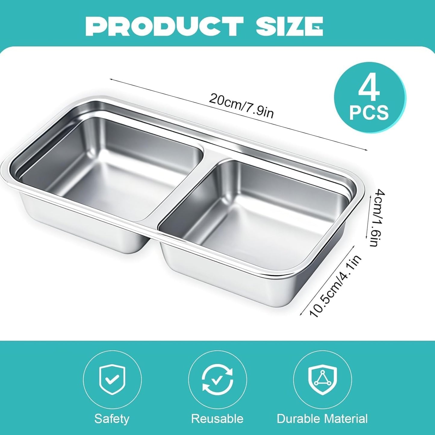 4Pcs 304 Stainless Steel Snack Containers, 30 oz 2 Compartments Portable Food Storage Bento Boxes with Leakproof Lids, Divided Meal Prep Lunch Box Food Container Dishwasher Safe