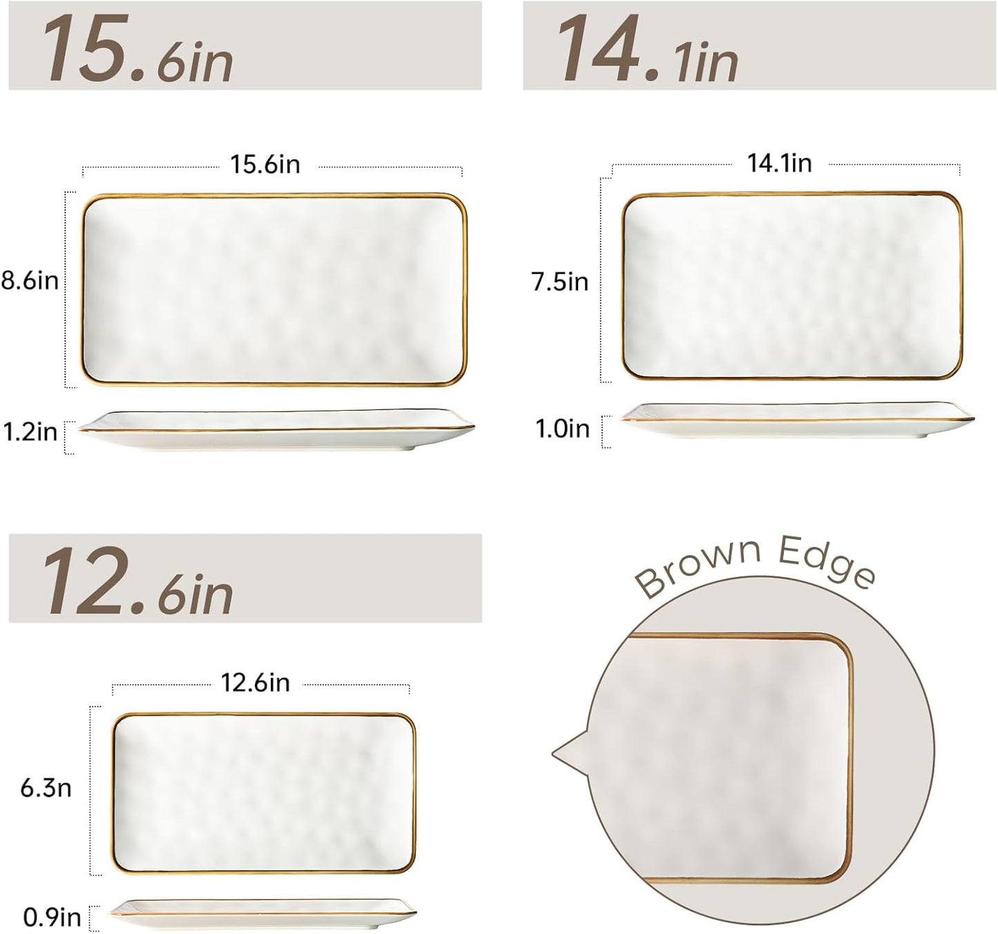 Ceramic Rectangle Serving Platter with Brown Rim: 15.6/14.1/12.6 Inch Large Serving Dishes for Entertaining Party, Turkey, Cheese, Sushi, Snack and Dessert, Microwave Dishwasher Safe