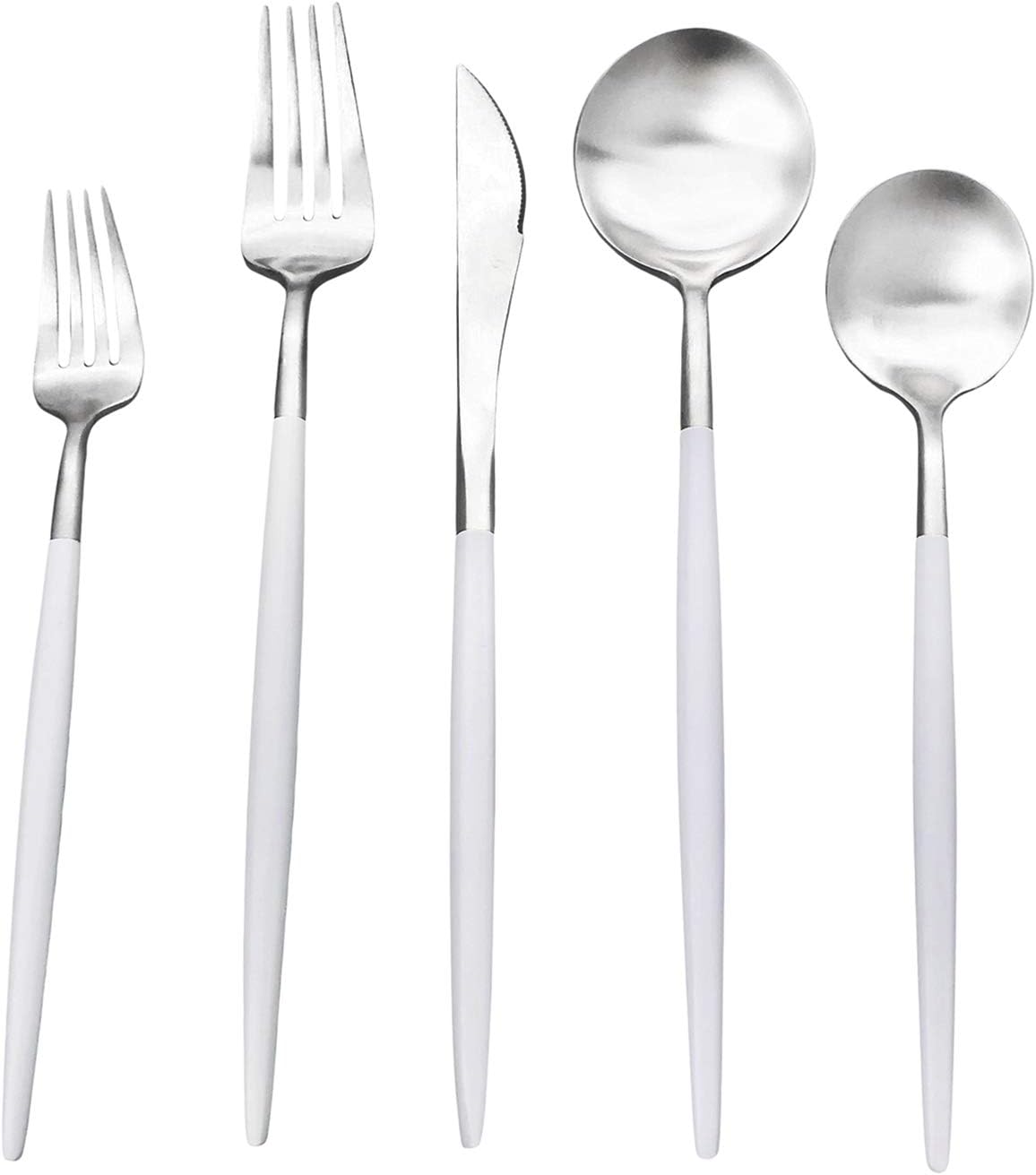 Gugrida White Silver Flatware, Royal 20-Piece Matte White Handle 18/10 Stainless Steel Tableware Sets for 4 Including Forks Spoons Knives, Camping Silverware Travel Utensils Set Cutlery (White Silver)