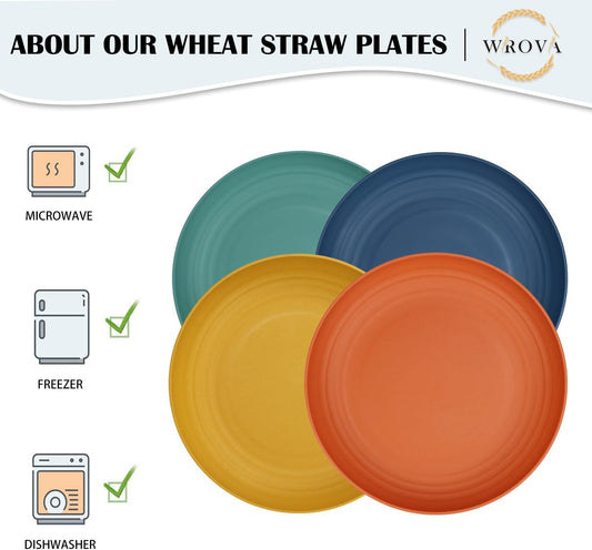 Wrova Large Wheat Straw Dinner Plates - 11 Inch Unbreakable Big Set of 8 - Dishwasher & Microwave Safe Plastic Plates - Deep Edge for Kitchen & Camping (Colorful)