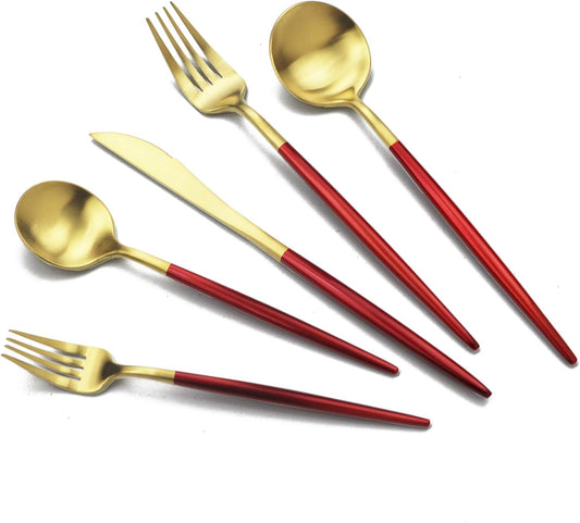 JASHII Luxury 18/10 Red Handle Flatware Gold Silverware Set 304 Stainless Steel Flatware Cutlery Set| 5-Piece Adaline Royal Modern Satin Finish| BEST Birthday Wedding Gift (Red Handle Matte Gold)
