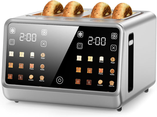 4 Slice Toaster– Dual Digital Smart TouchScreen & Independent Control Panel | Single-Slot Tech, Timer/Reheat/Defrost for Bagels, Bread | 1800W Stainless Steel, 6 Toast Types & Shade Settings