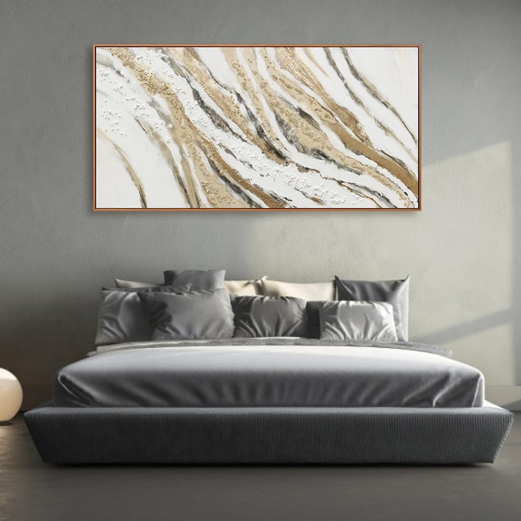 Abstract Canvas Wall Art Large Size Modern Art Paintings Abstract Painting With Golden And White Lines Minimalist Artwork Decor For Living Room Bedroom Corridor Framed 29" X 58"
