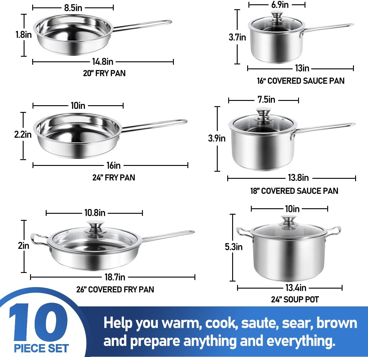 Aufranc 10-Piece Pots and Pans Set, Stainless Steel Cookware Set- Includes Ergonomic Handle Saucepans, Skillets, Dutch Oven, Stockpot, Steamer & More - Premium Pots and Pans for Home Chefs