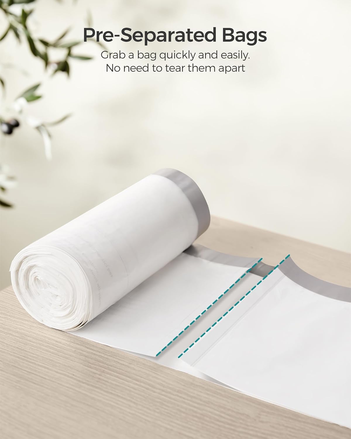 SONGMICS Trash Bags for 8-Gallon (30 L) Trash Cans, Drawstring Kitchen Garbage Bags, Pre-Separated, Liner Code 30A, 4 Rolls, 180 Count, White UKRB030A04