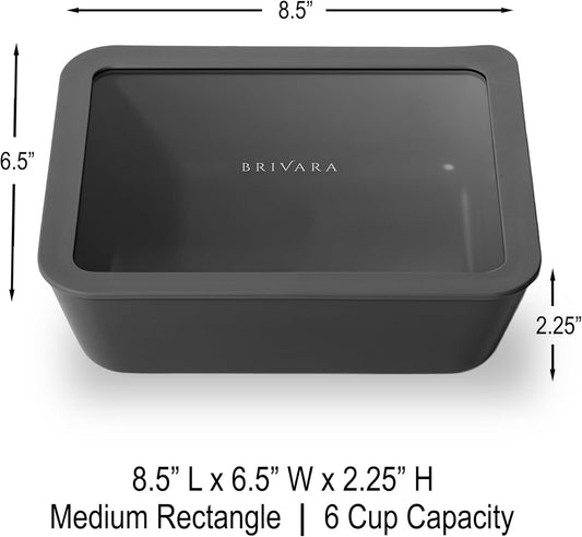 Ceramic Coated Glass Food Storage Container | No PTFE, PFOA, PFAS, and BPA | Reusable Non Toxic Meal Prep Container with Glass Lid | Easy To Store | 6 Cup Rectangle [Onyx]