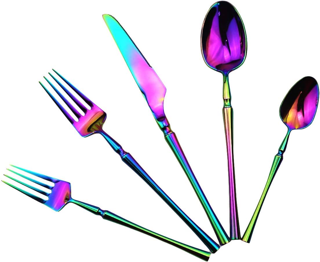 Gugrida Rainbow Silverware Set, 5-Piece 18/10 Stainless Steel Flatware Cutlery Set for 1,Mirror Finish, Ideal for Wedding Festival Party Home Kitchen, Dishwasher Safe