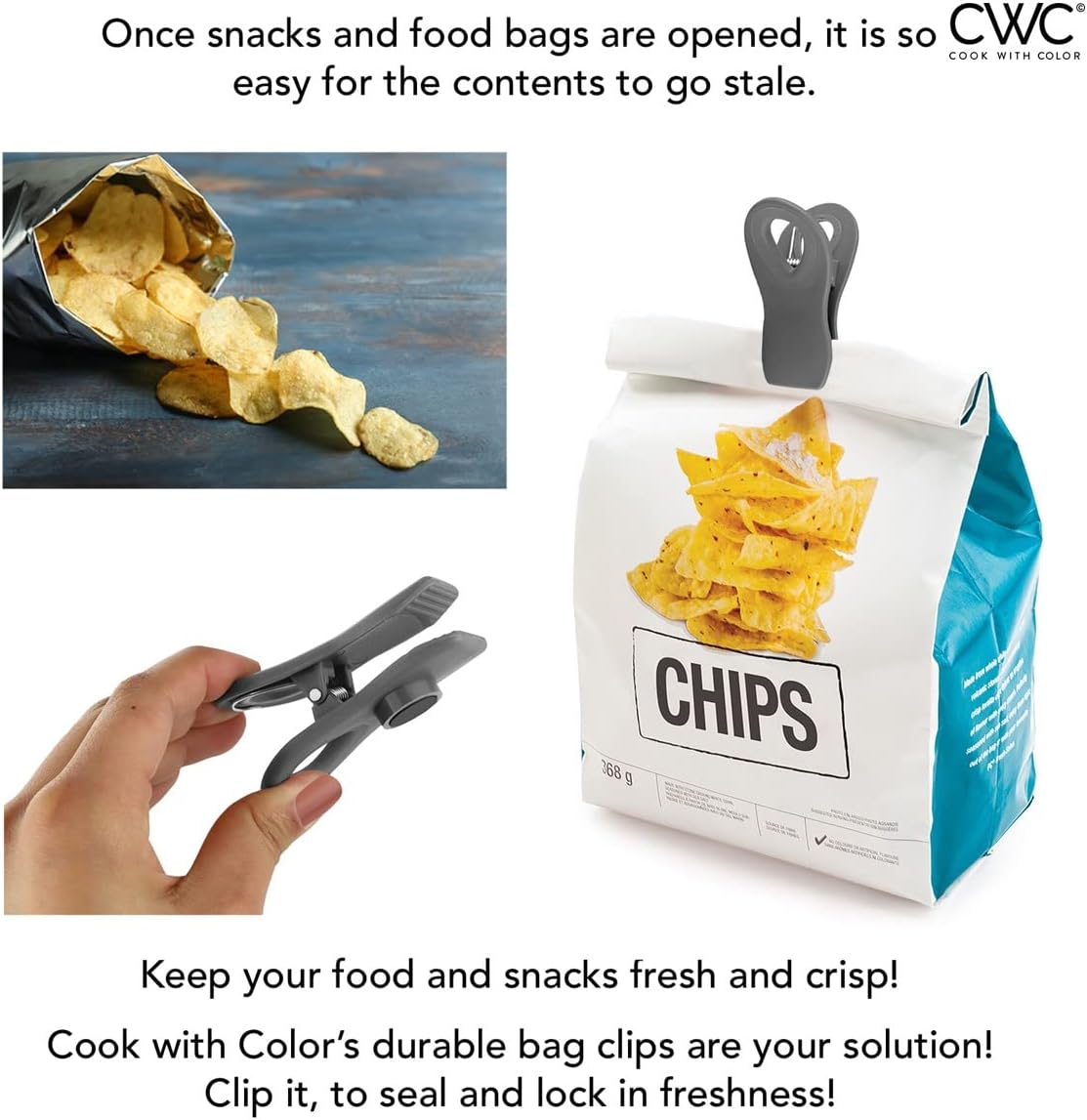 COOK WITH COLOR Bag Clips with Magnet - Chip Clips, Food Storage with Airtight Seal Grip for Bread, Snack and Food Bags (Grey Ombre, Pack of 10)