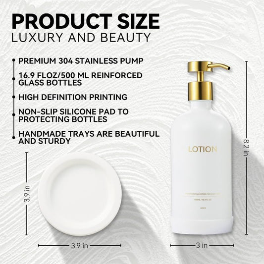 Glass Soap Dispenser Set by Janxin,Bathroom Soap Dispenser Set with Ceramic Tray,Luxury Bathroom Accessories,Modern Kitchen Decor (White+Gold(Lotion))