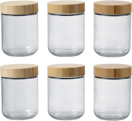 16 Oz Overnight Oats Containers 16 OZ Mason Food Jars With lid Wide Mouth Glass Food Storage (6 Pack Bamboo Lid)